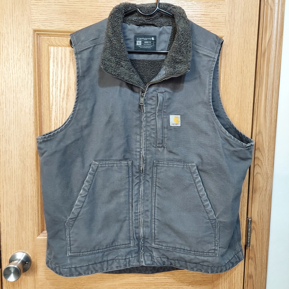 Carhartt Mens Large Loose Fit Washed Duck Sherpa Lined Vest Gravel Grey OV4277-M